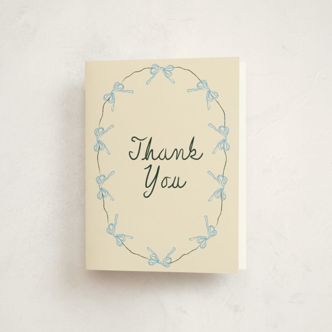 "Oval Bow Wreath" - Mitzvah Thank You Cards in Forest by Aviva Atri - Front