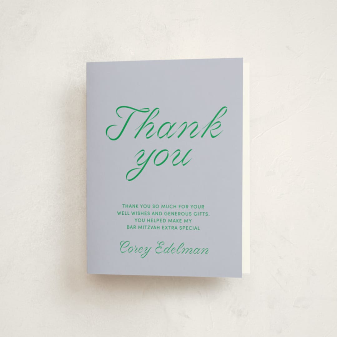 "Torah Tribute" - Mitzvah Thank You Cards in Verdant by Inkblot Design - Front
