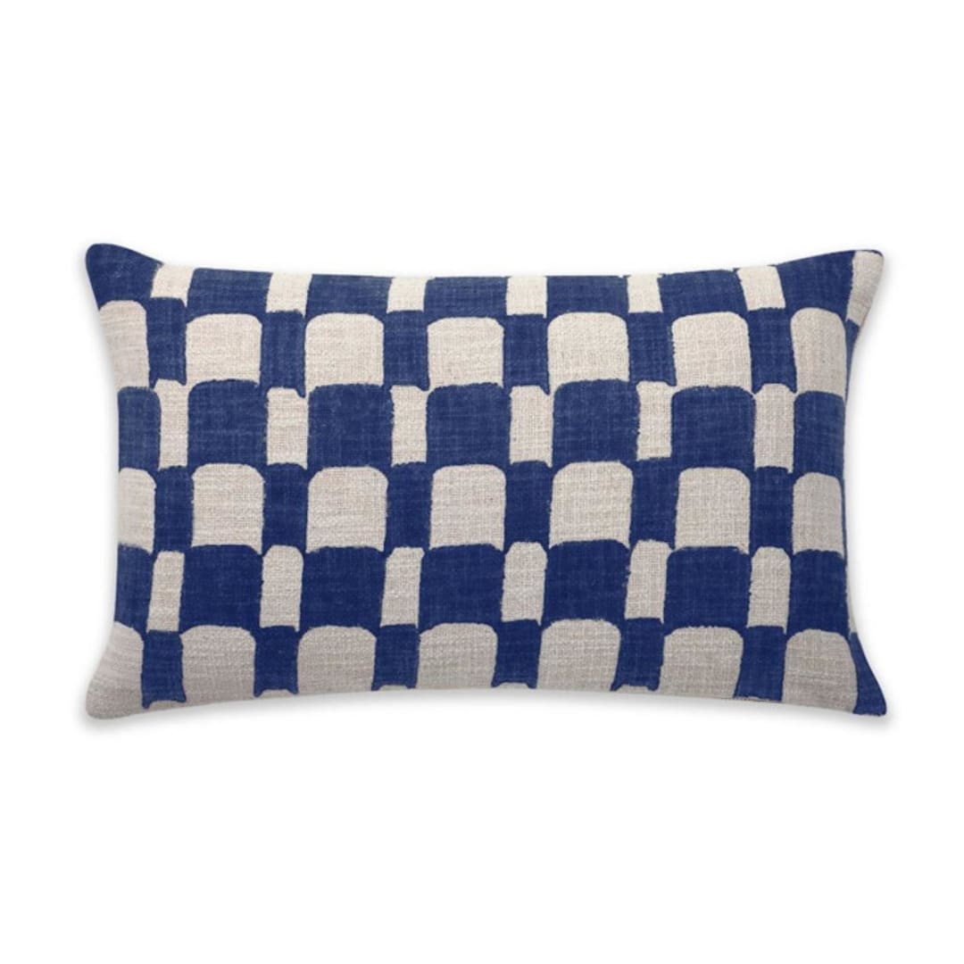 "Checkered Block Printed Lumbar Pillow - Cover + Insert" - Throw Pillows in blue by Powered By People