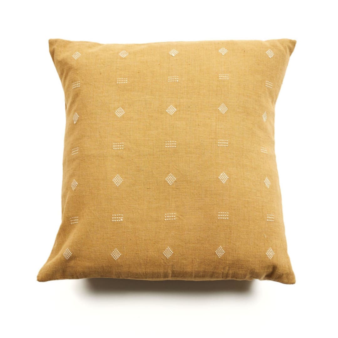 "Nira Ochre Handoom Pillow" - Throw Pillows in yellow by Anjali Purohit