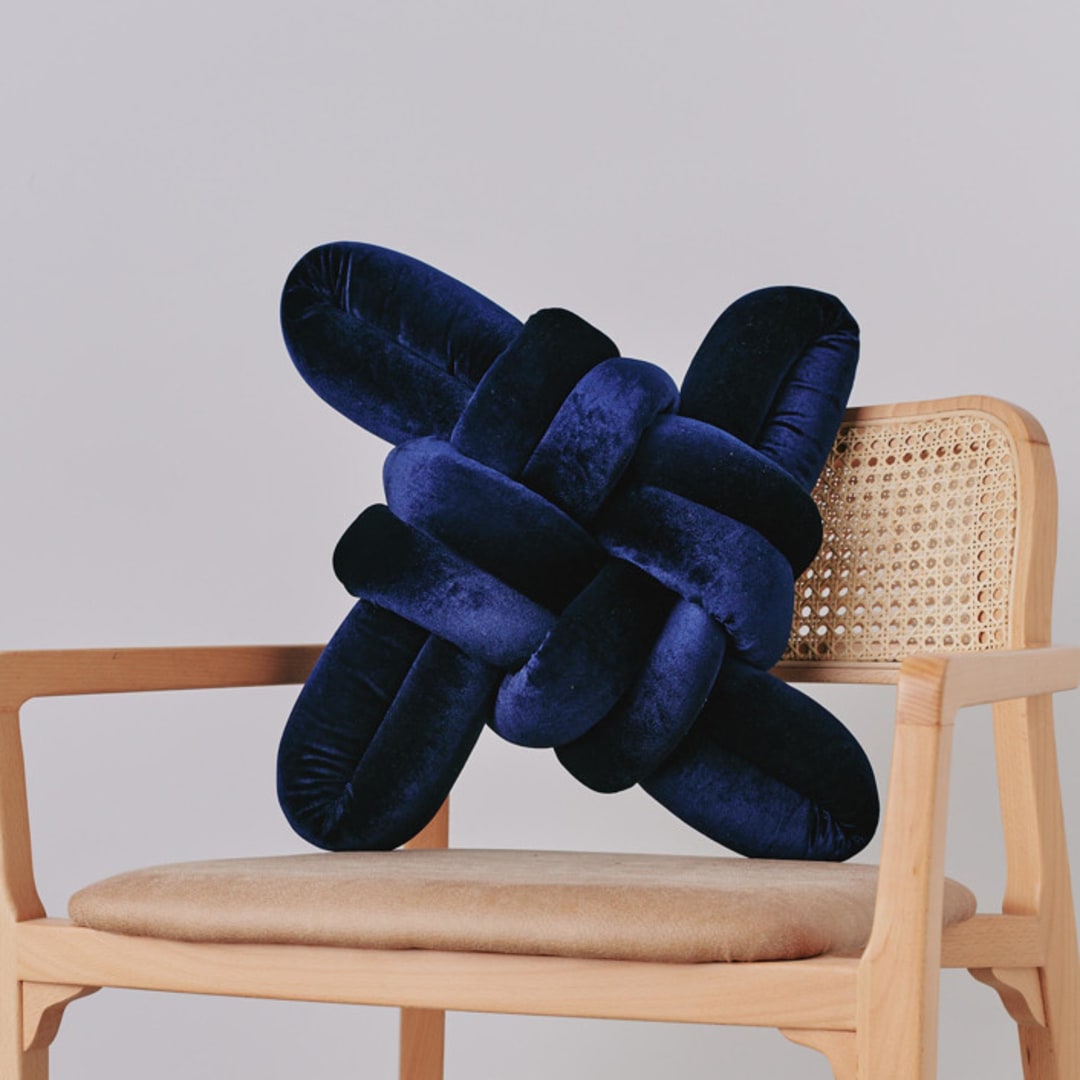 "Midnight Blue Velvet Knot Pillow" - Throw Pillows in blue by Knots Studio