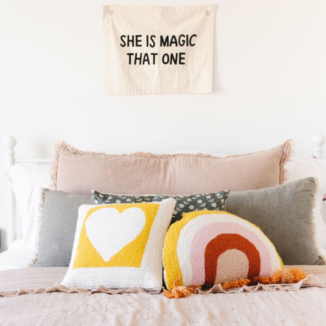 "Warm Shaped Rainbow Hook Pillow with Tassels" - Throw Pillows in multicolor by Ampersand Design Studio