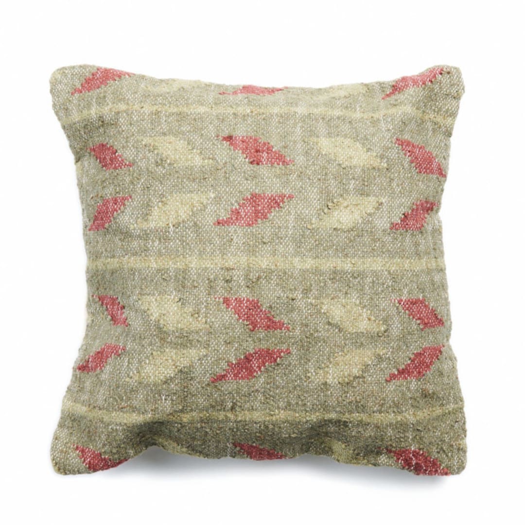 "Moss Green Red Geometric Pattern Hand-woven Jute Cotton Large Pillow" - Throw Pillows in green by Anjali Purohit