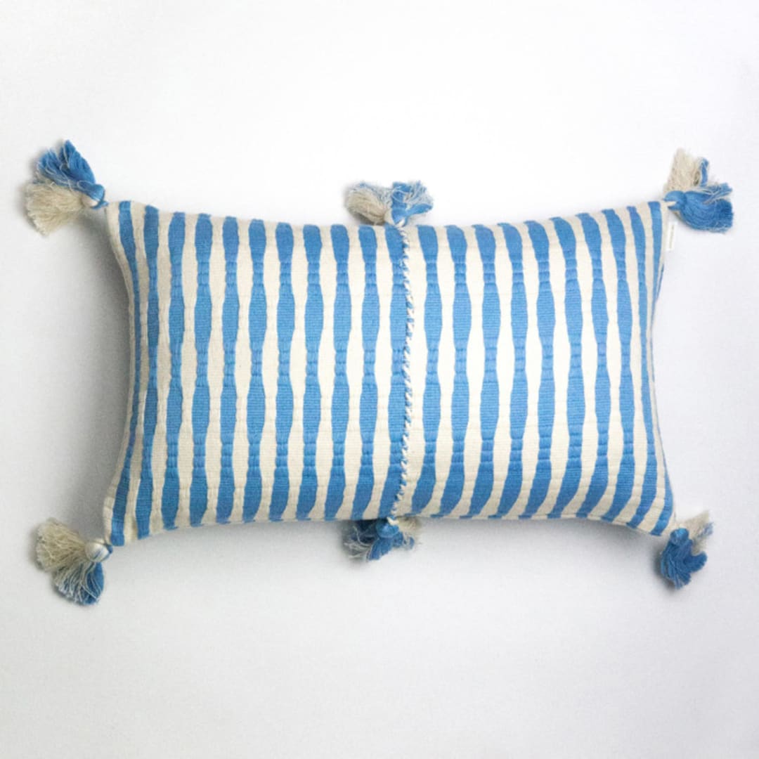 "Antigua Sky Blue Striped Handwoven Cotton Throw Pillow" - Throw Pillows in blue by Archive New York