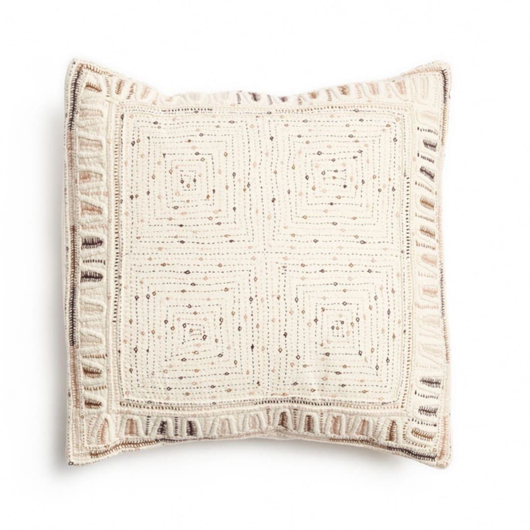 "Maze Brown Hand Embroidered Pillow" - Throw Pillows in white by Anjali Purohit