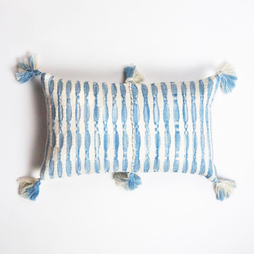 "Antigua Natural Dyed Faded Indigo Striped Handwoven Cotton Throw Pillow" - Throw Pillows in blue by Archive New York