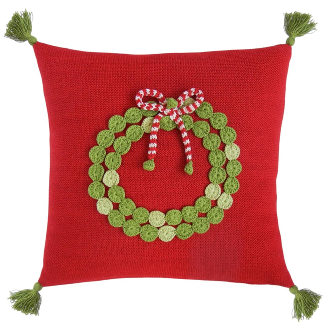 "14" Green Wreath Pillow, Red" - Throw Pillows in red by Melange Collection