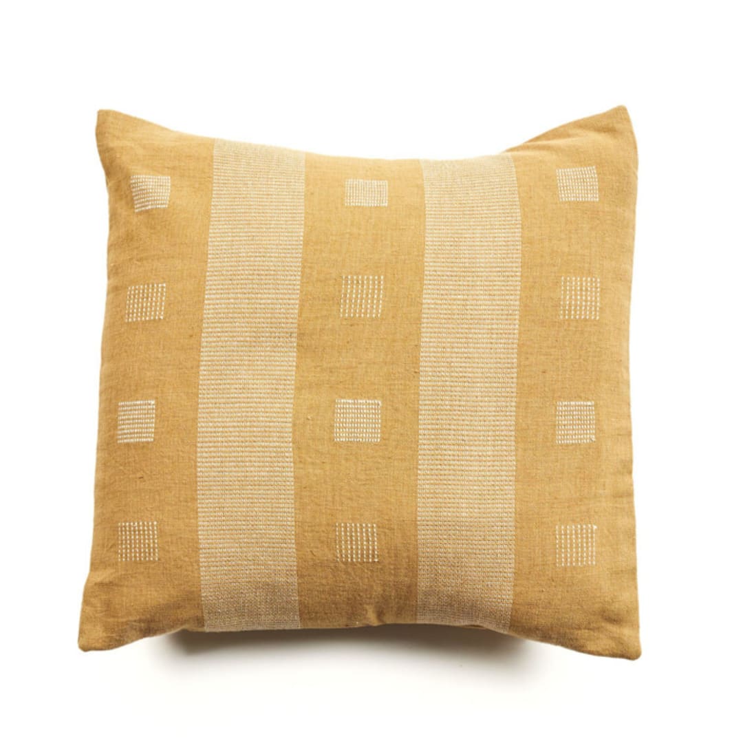 "Chokor Ochre Handloom Pillow" - Throw Pillows in yellow by Anjali Purohit