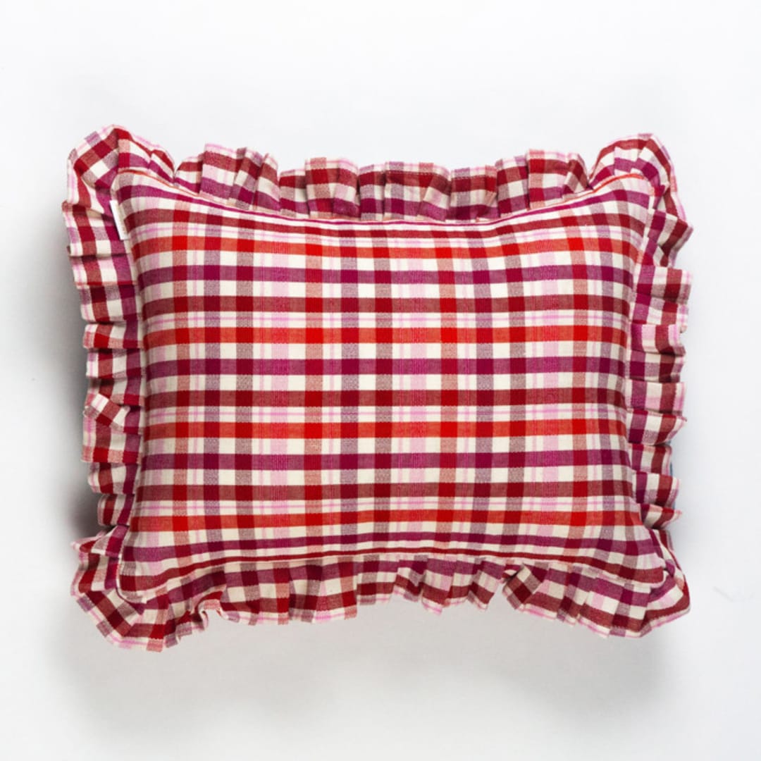 "Noel Plaid Handwoven Cotton Ruffle Pillow" - Throw Pillows in red by Archive New York