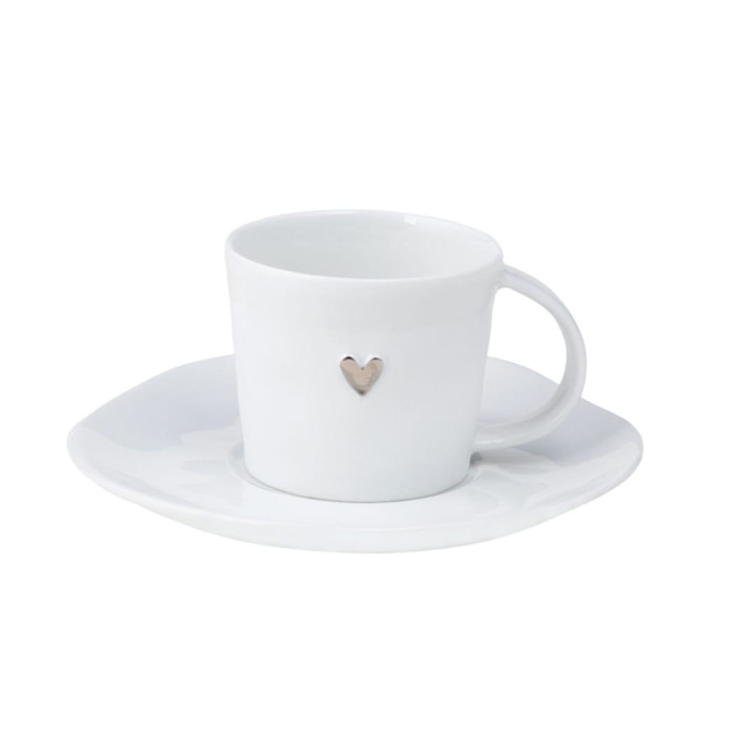 Porcelain Espresso Cup with Saucer - Silver Heart