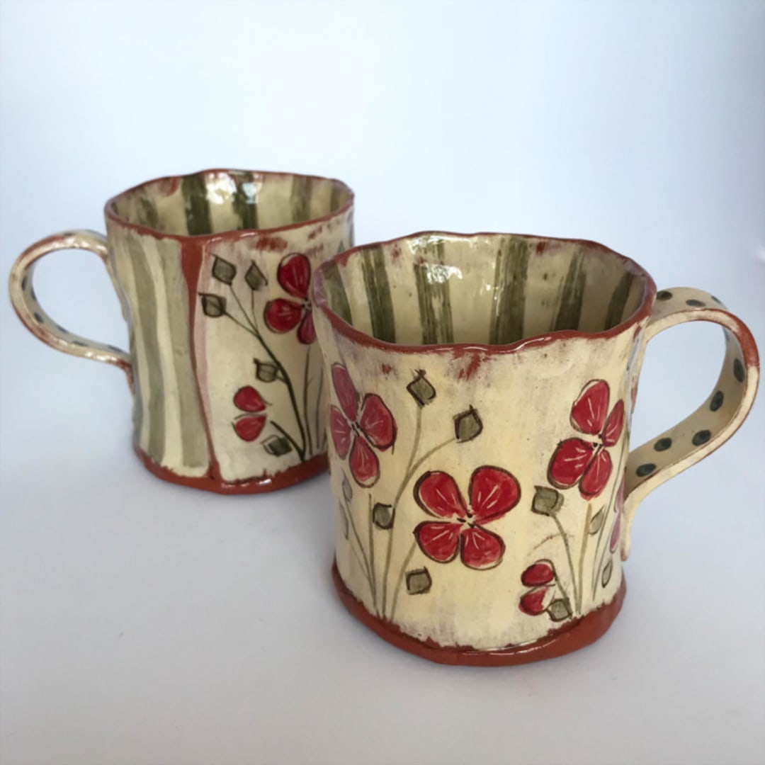 Red Flower Mugs, Set-of-2
