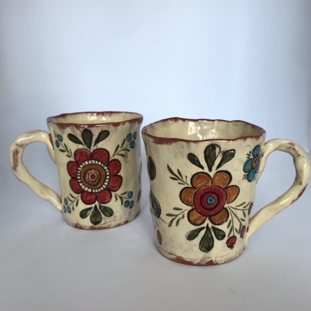 "Simple Flower Mugs, Set-of-2" - Mugs and Teacups in beige by Didem Firat