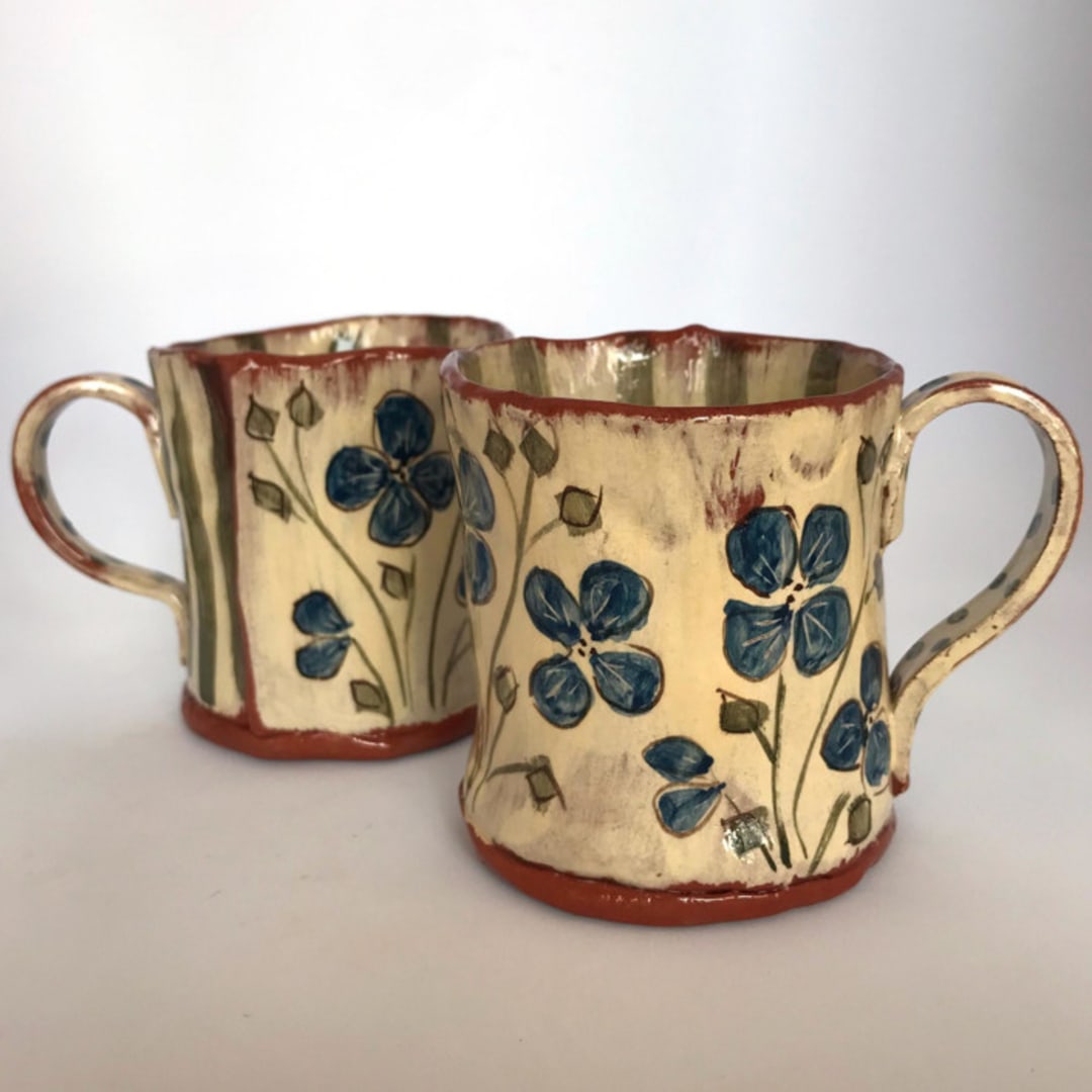 "Blue Flower Mugs, Set-of-2" - Mugs and Teacups in multicolor by Didem Firat