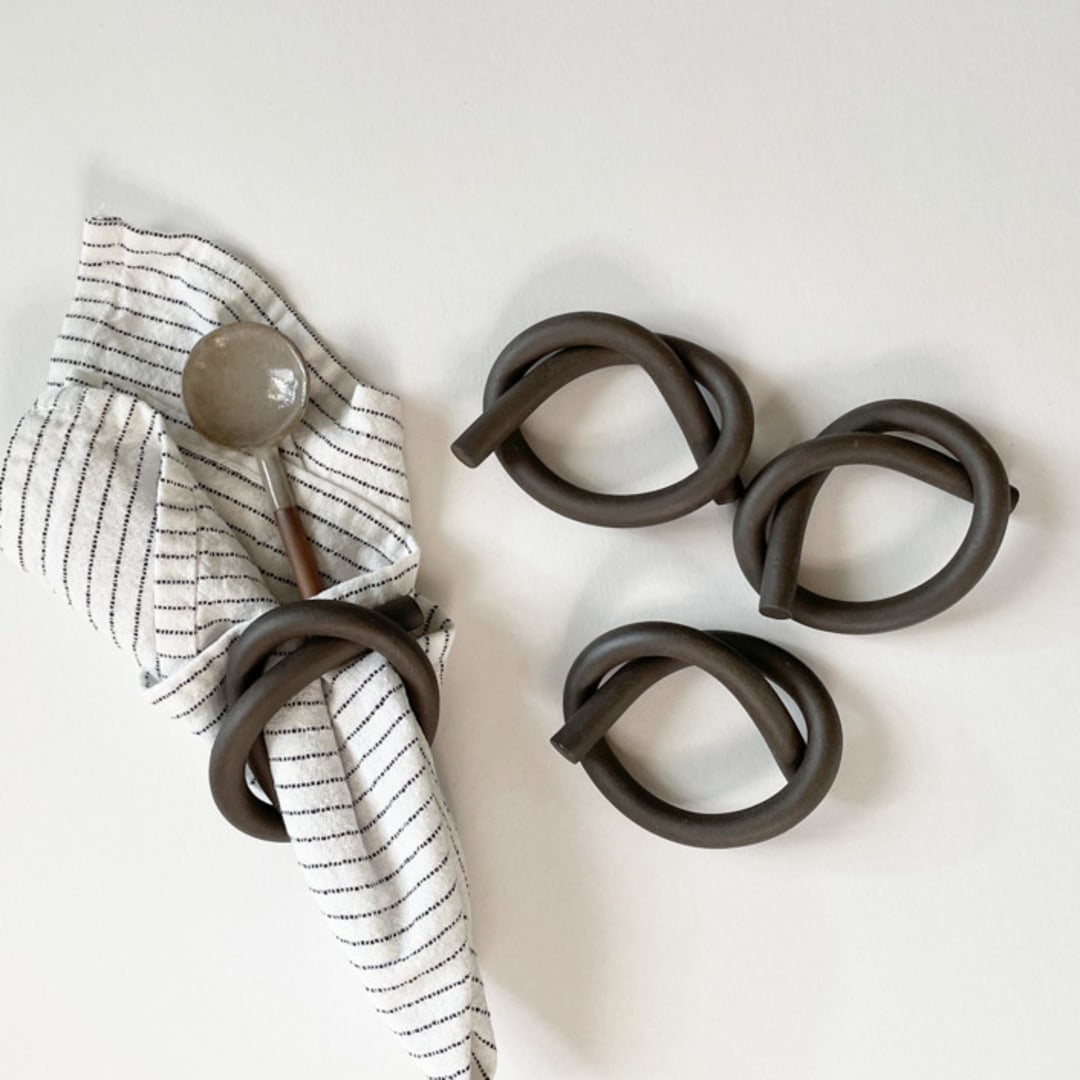 "Handmade Ceramic Knot Napkin Ring Set of 4 - Chocolate" - Tabletop Accessories in brown by Joanne Lee