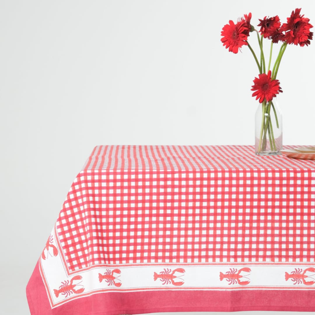 "Lobster Red Gingham Blockprint Tablecloth - 60x90" - Tablecloths and Runners in red by Michelle Pham