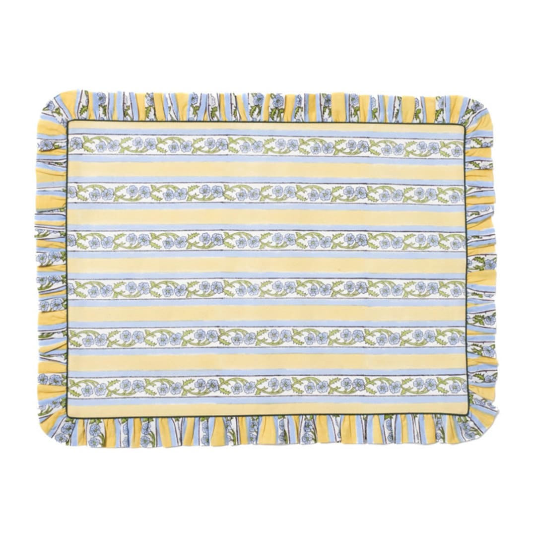 "Provence Ruffled Blockprint Tablecloth in Butter Yellow - 60x90" - Tablecloths and Runners in yellow by Inner Child