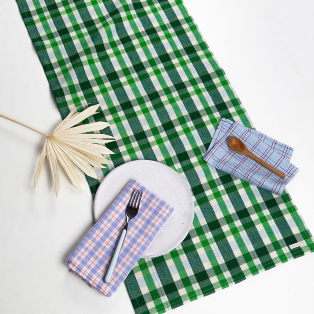 "Josefina Plaid Handwoven Cotton Table Runner" - Tablecloths and Runners in green by Archive New York
