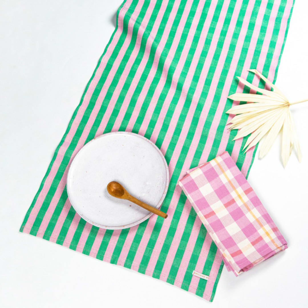 "Flora Striped Handwoven Cotton Table Runner" - Tablecloths and Runners in pink by Archive New York