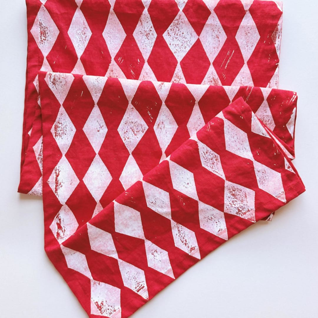 "Block Printed Diamonds Table Runner" - Tablecloths and Runners in red by Julie Peach