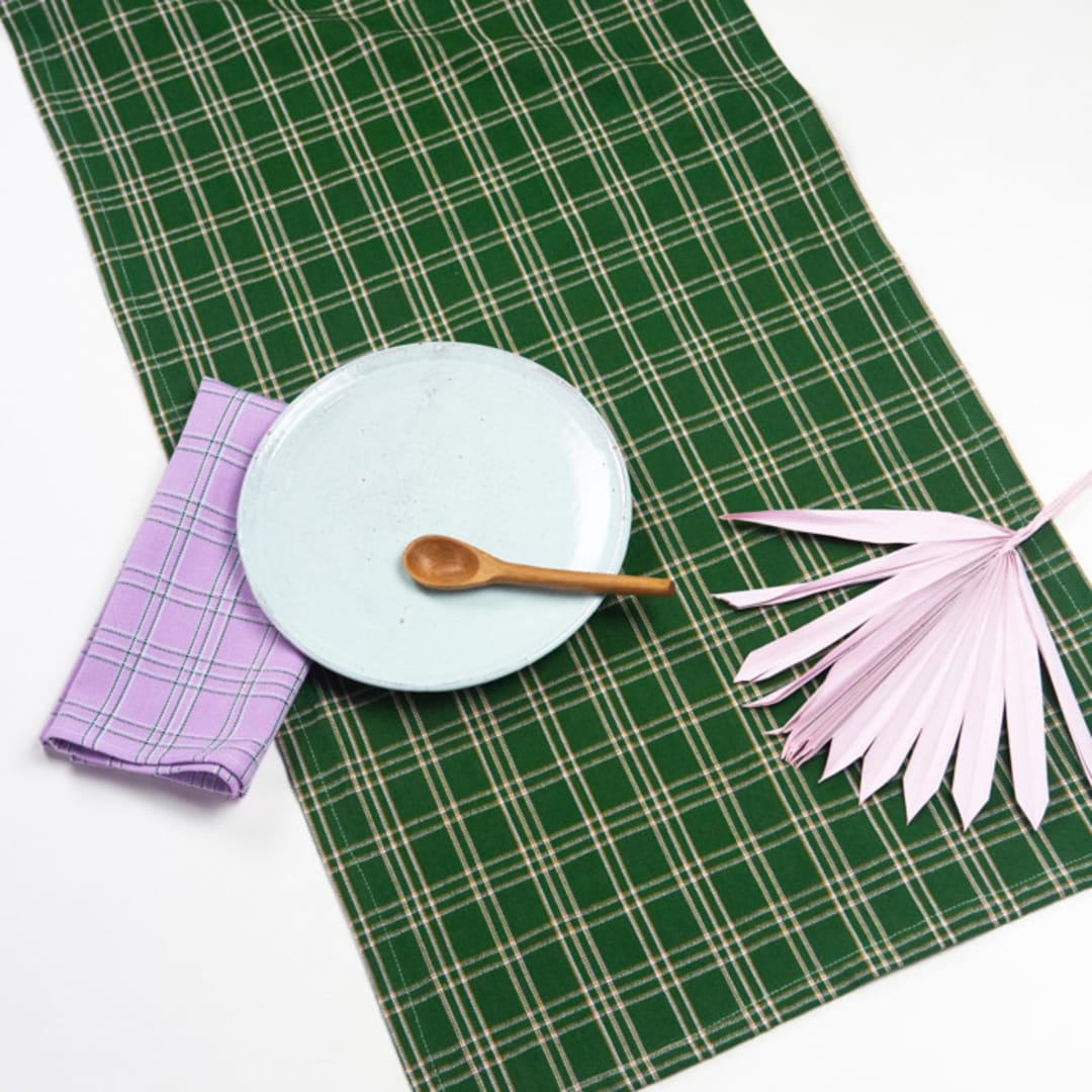 "Chiapas Green Plaid Handwoven Cotton Table Runner" - Tablecloths and Runners in green by Archive New York