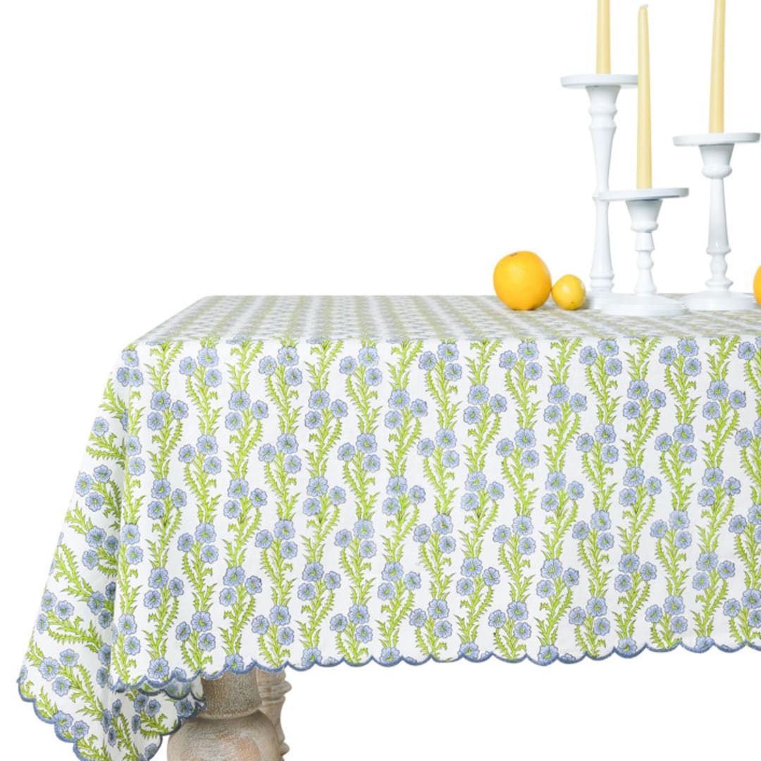 "Forget-Me-Not Scallop Embroidered Blockprint Tablecloth - 60x90" - Tablecloths and Runners in blue by Michelle Pham