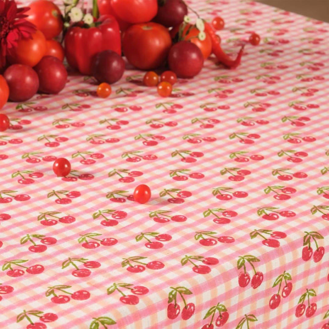 "Cherry Blockprint Tablecloth in Red Gingham - 60x90" - Tablecloths and Runners in red by Michelle Pham