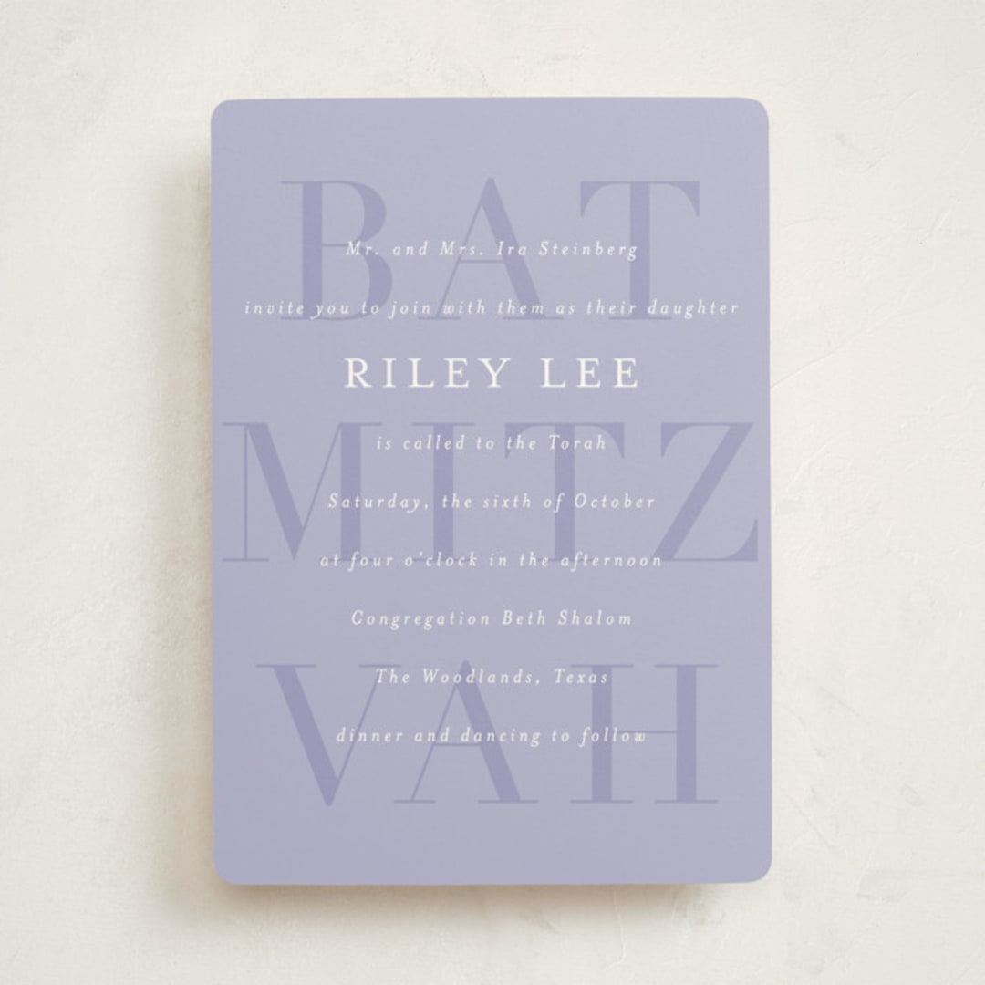 "Bold Mitzvah" - Mitzvah Invitations in Lavender by Jackie Crawford - Front