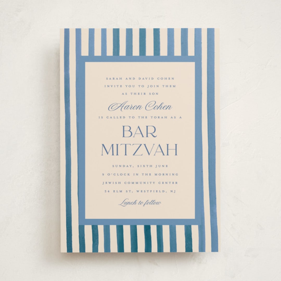 "Painted Stripes" - Mitzvah Invitations in Sky by Teju Reval - Front