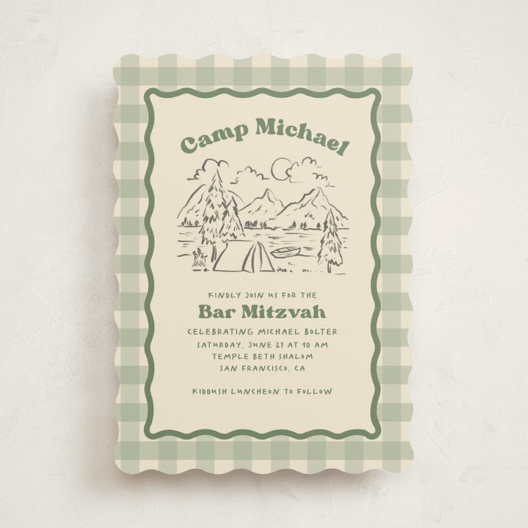 "Camp Mitzvah" - Mitzvah Invitations in Sage by Creo Study - Front