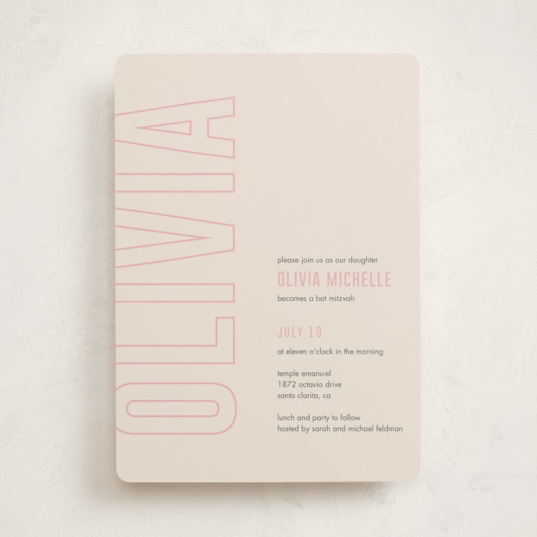 "Bold Name" - Mitzvah Invitations in Peony by Ilene Guy - Front