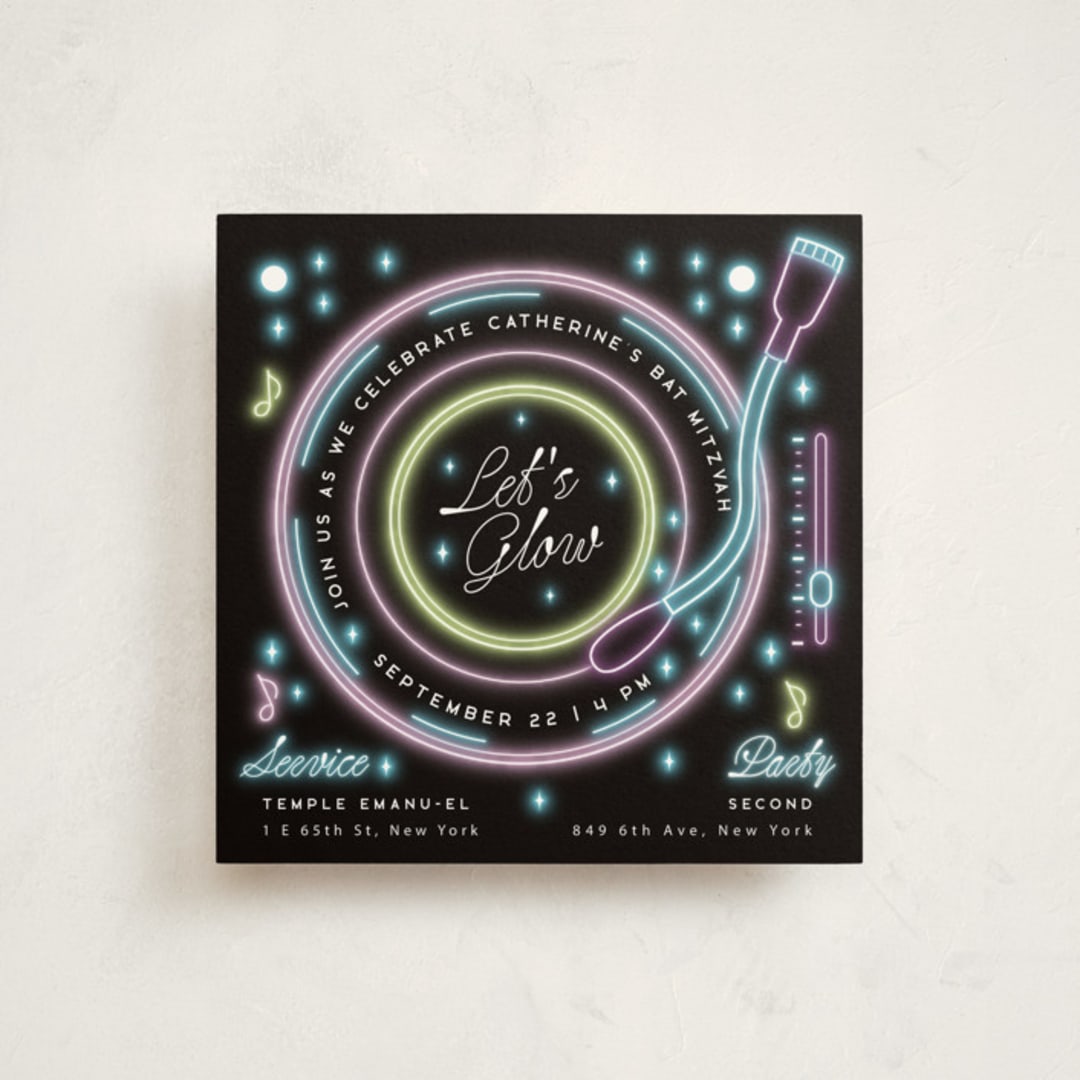"Neon Spin" - Mitzvah Invitations in Midnight by Ana de Sousa - Front