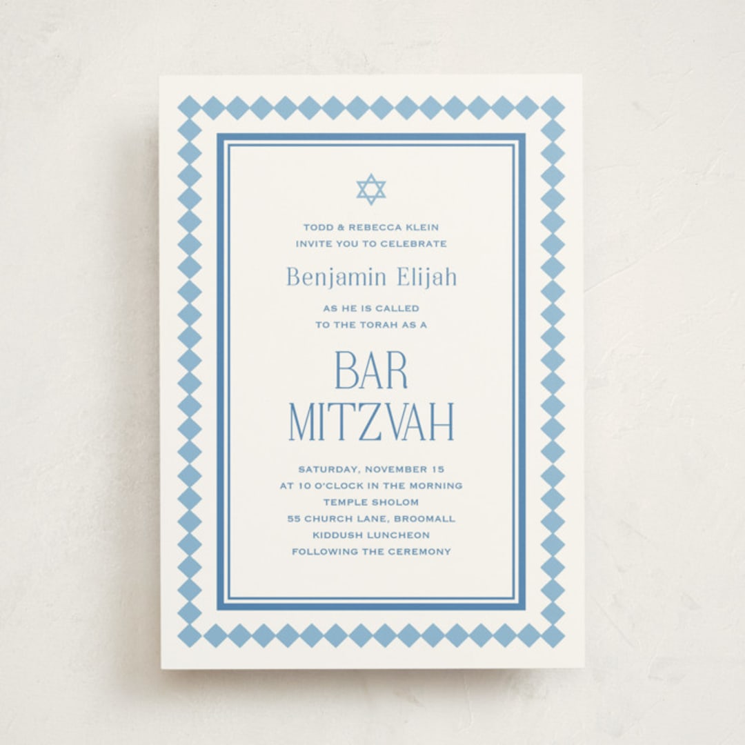 "Checkers" - Mitzvah Invitations in Sky by Carolyn MacLaren - Front