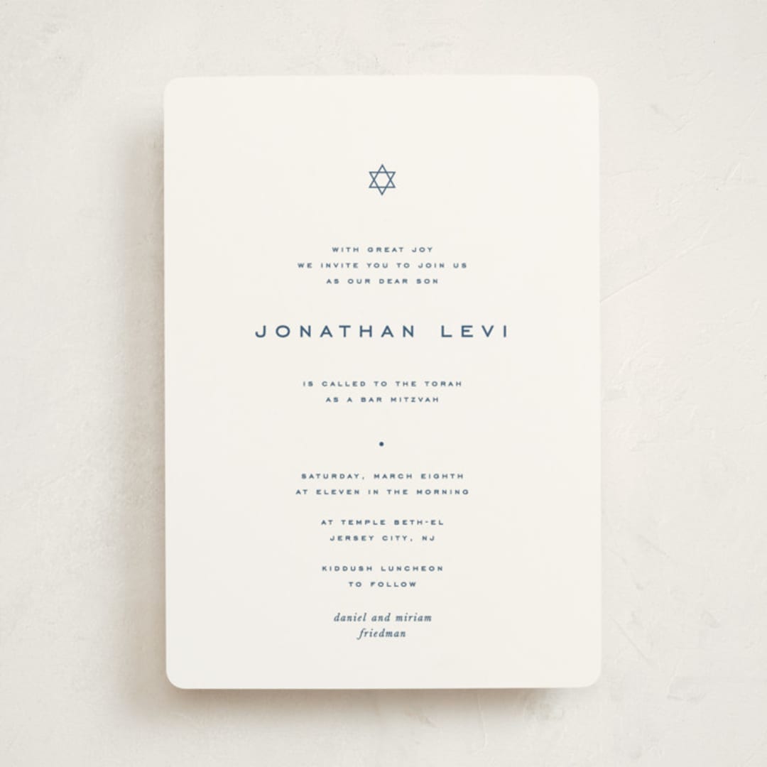 "Celebrate" - Mitzvah Invitations in Navy by Blustery August - Front