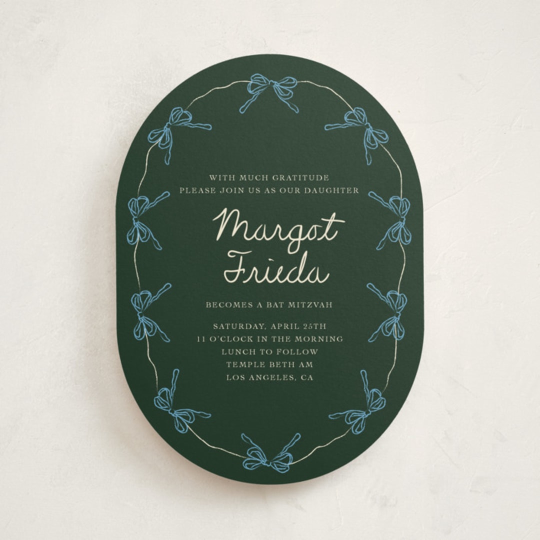 "Oval Bow Wreath" - Mitzvah Invitations in Forest by Aviva Atri - Front