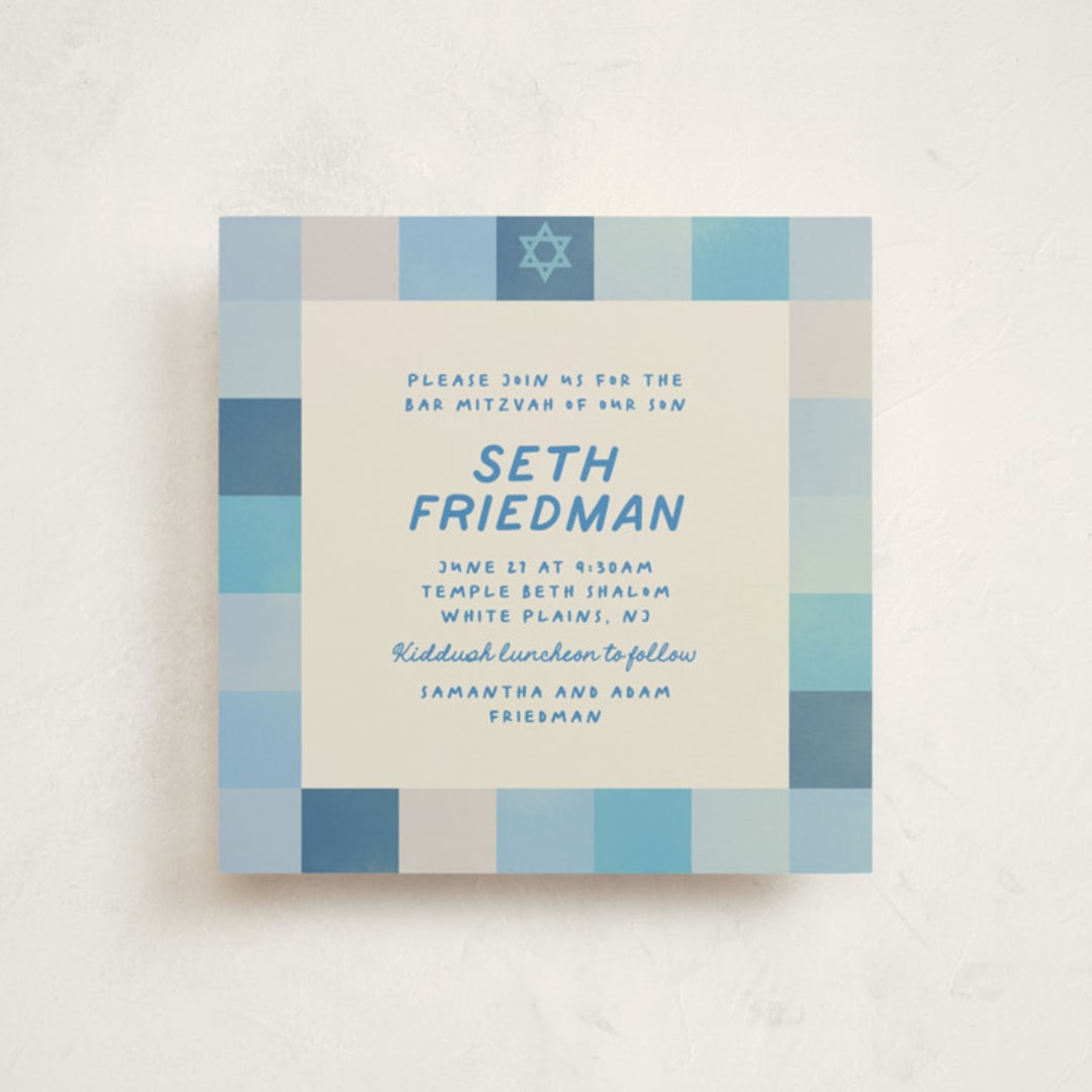 "Checkered Mitzvah" - Mitzvah Invitations in Sky by Creo Study - Front