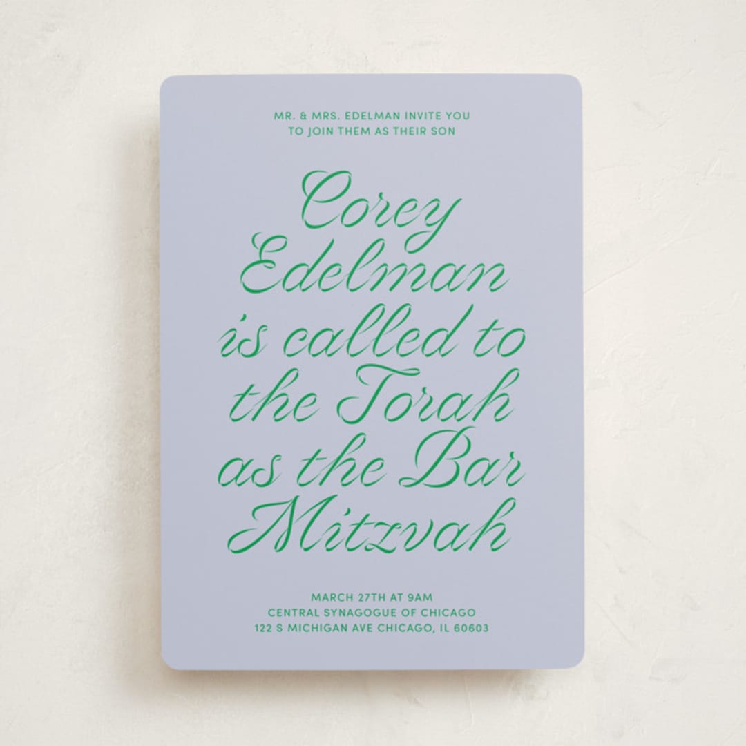 "Torah Tribute" - Mitzvah Invitations in Verdant by Inkblot Design - Front