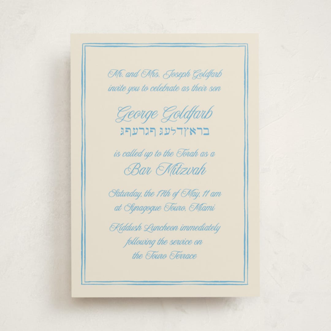 "Linho" - Mitzvah Invitations in Sky by Pati Cascino - Front