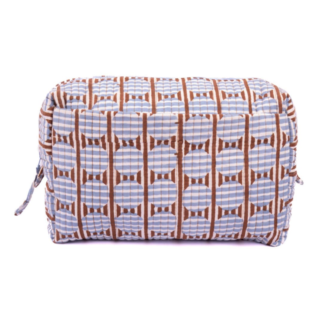 "Striped Circles Blockprint Travel Pouch in Brown and Blue - Large" - Makeup Bag in blue by Inner Child