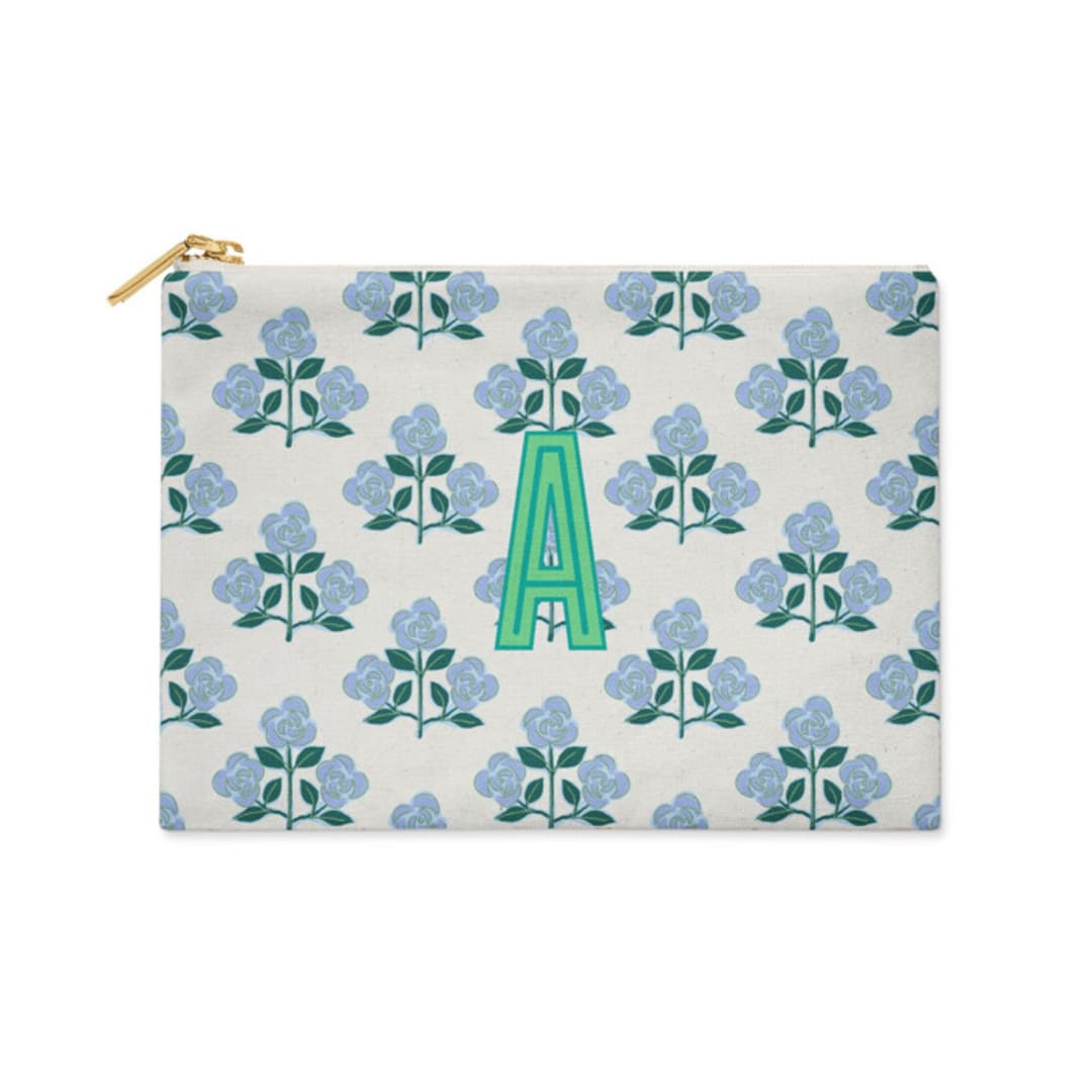 "Custom Flat Zip Pouch - Betsy Blue Single Initial" - Makeup Bag in blue by Clairebella