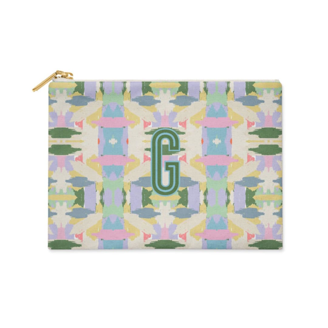 "Custom Flat Zip Pouch - Mila Lilac Single Initial" - Makeup Bag in multicolor by Clairebella