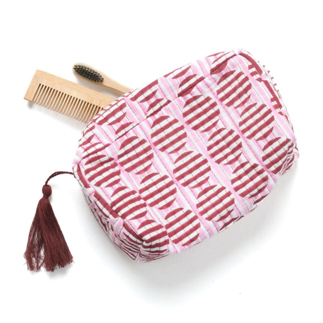 "Striped Circles Blockprint Makeup Bag in Burgundy and Pink - Small" - Makeup Bag in pink by Inner Child