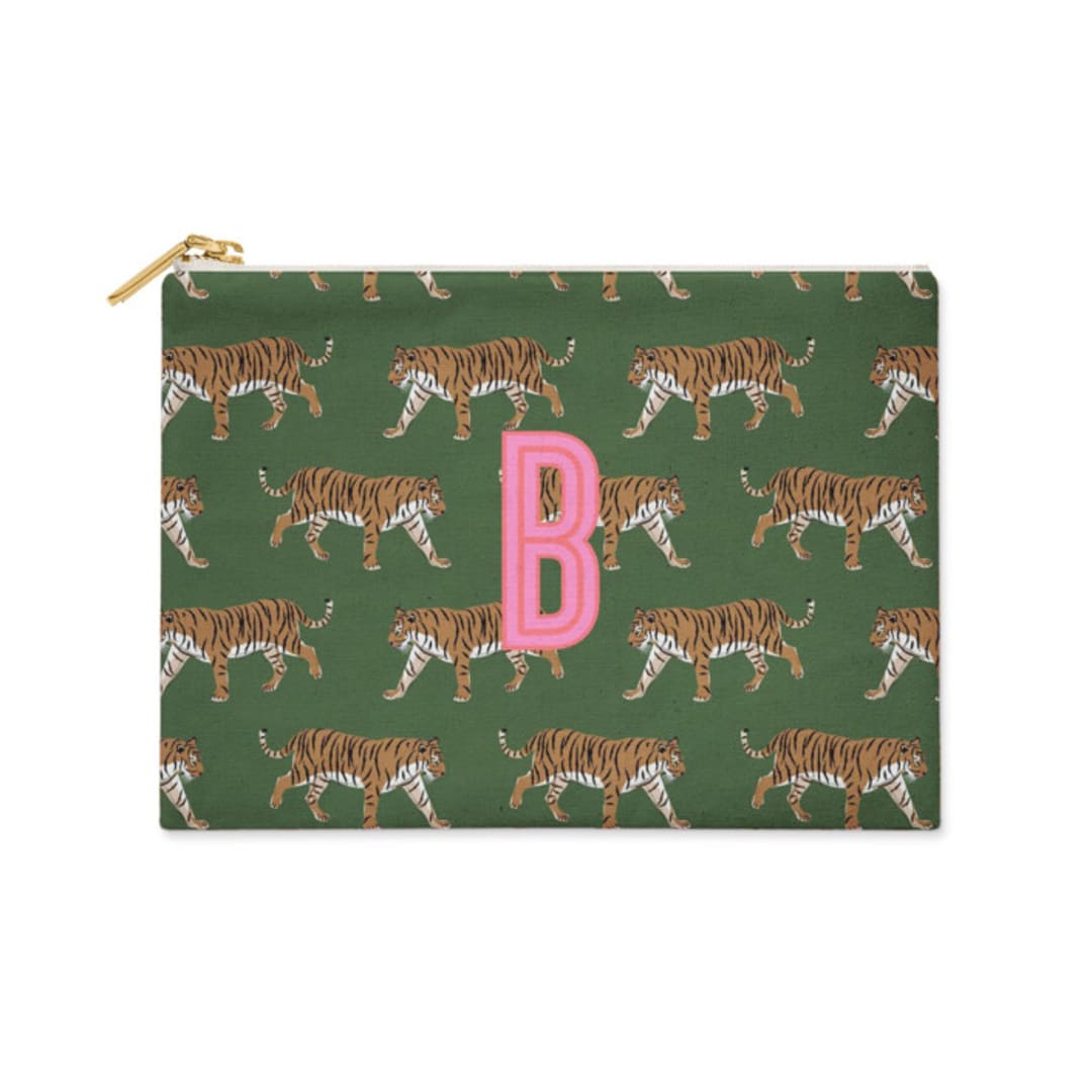 "Custom Flat Zip Pouch - Leopard Green Single Initial" - Makeup Bag in green by Clairebella