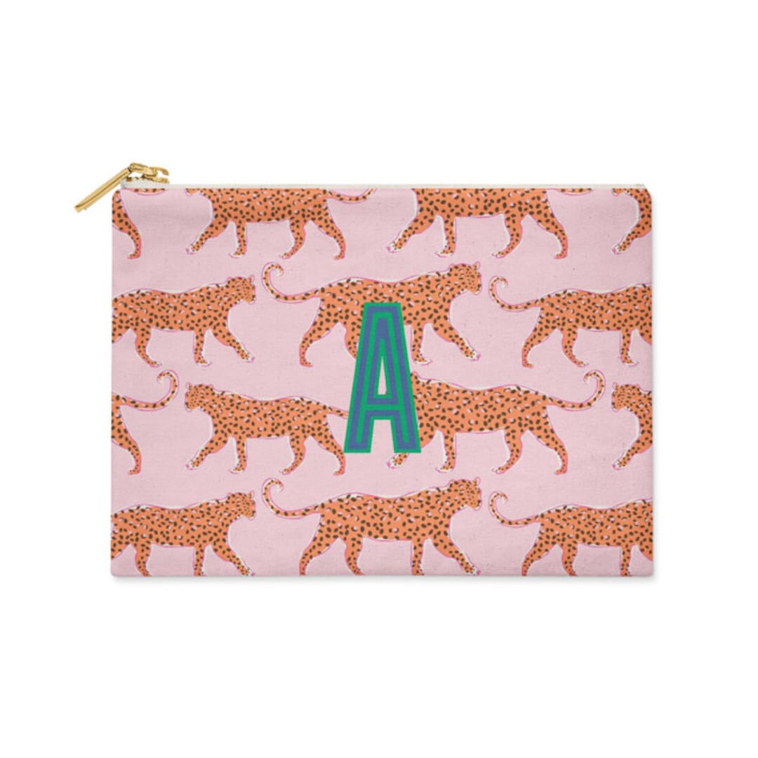 "Custom Flat Zip Pouch - Leopard Pink Single Initial" - Makeup Bag in pink by Clairebella