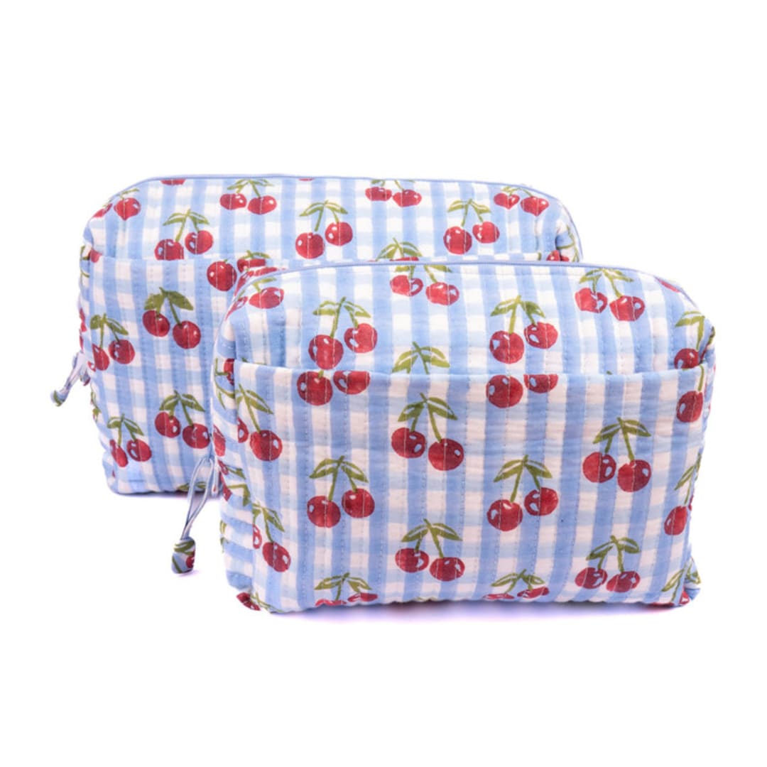 "Cherry Makeup Bag in Blue Gingham Blockprint - Medium" - Makeup Bag in blue by Inner Child