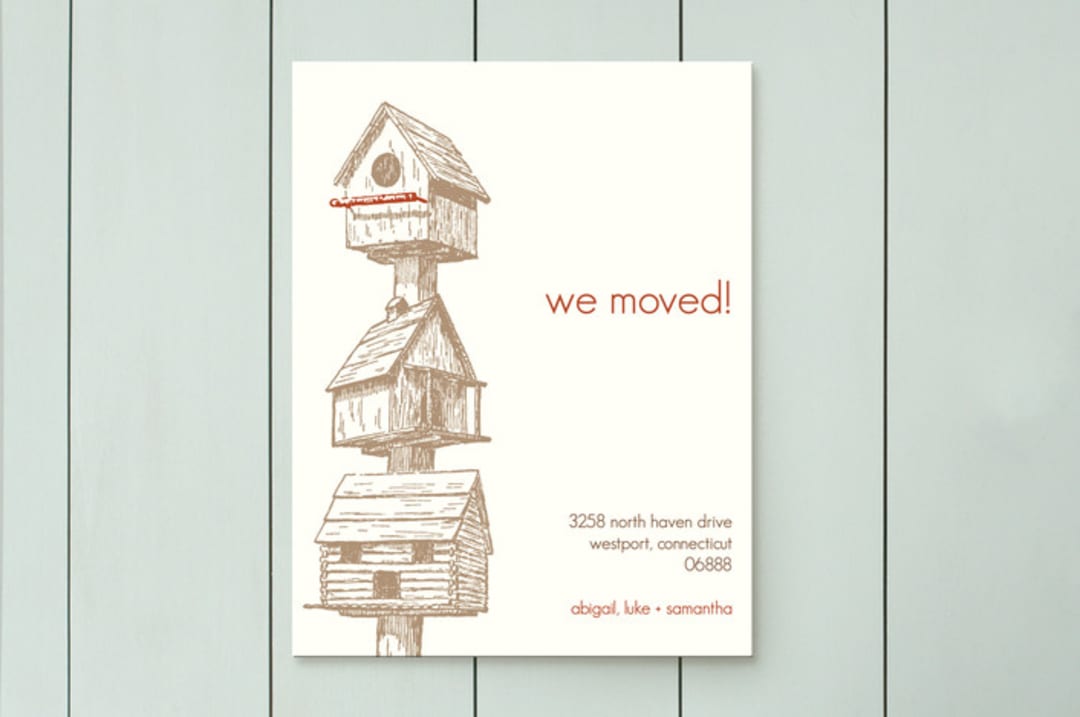 "Birdhouses" - Moving Announcements in Chocolate by Three Kisses Studio - Front