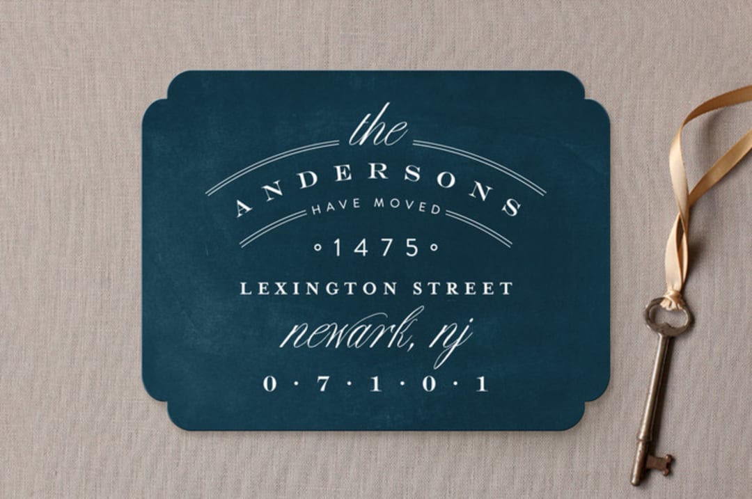 "Address Logo" - Moving Announcements in Navy by Phrosné Barwood - Front