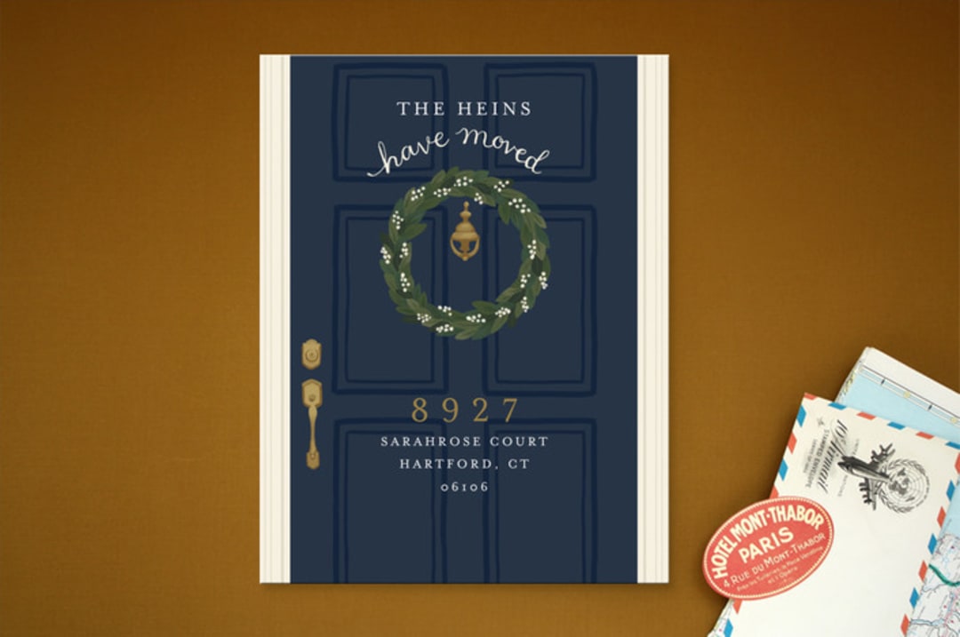 "Door Wreath" - Moving Announcements in Navy Blue by Emily Hein - Front
