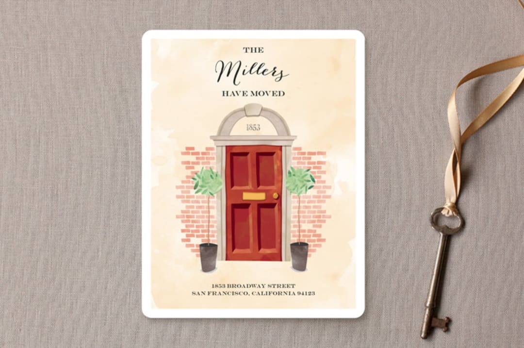 "Welcoming Door" - Moving Announcements in Sweet Apricot by Simon - Front