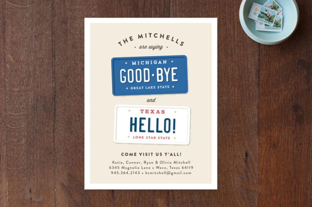 "New Plates" - Moving Announcements in Cobalt by Jennifer Wick - Front