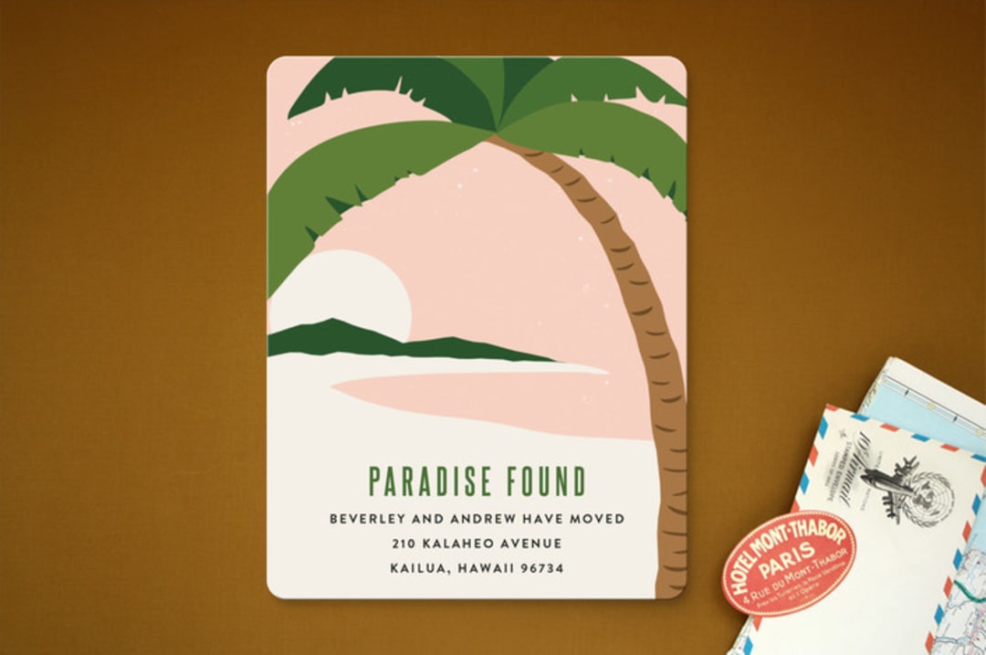"Paradise Found" - Moving Announcements in Grapefruit by Kampai Designs - Front